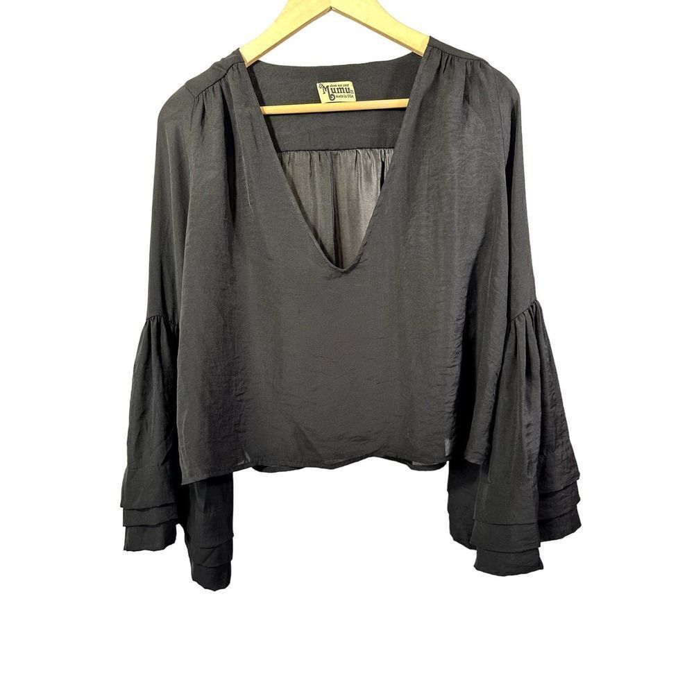 SHOW ME YOUR MUMU Women's Statement Sleeve Blouse Black Size Small